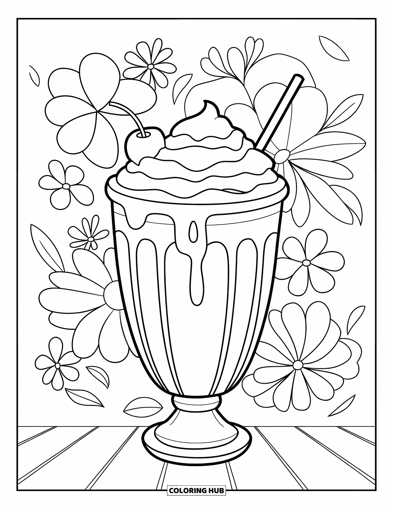 Cherry Coloring Page for Kids: A cherry milkshake with whipped cream sits on a wooden surface with flowers