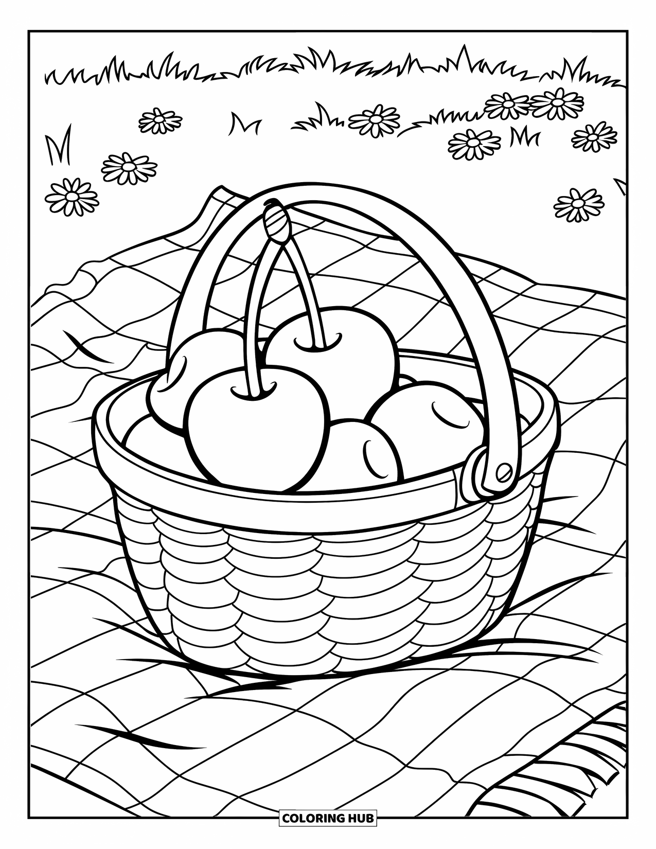 Cherry Coloring Page for Kids: A cherry sits inside a basket on a blanket surrounded by flowers