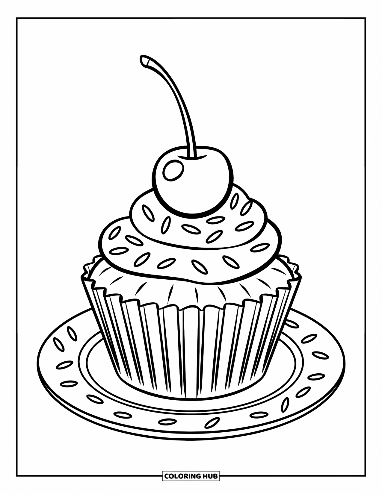 Cherry Coloring Page for Kids: A cherry-topped cupcake with sprinkles sits on a white plate