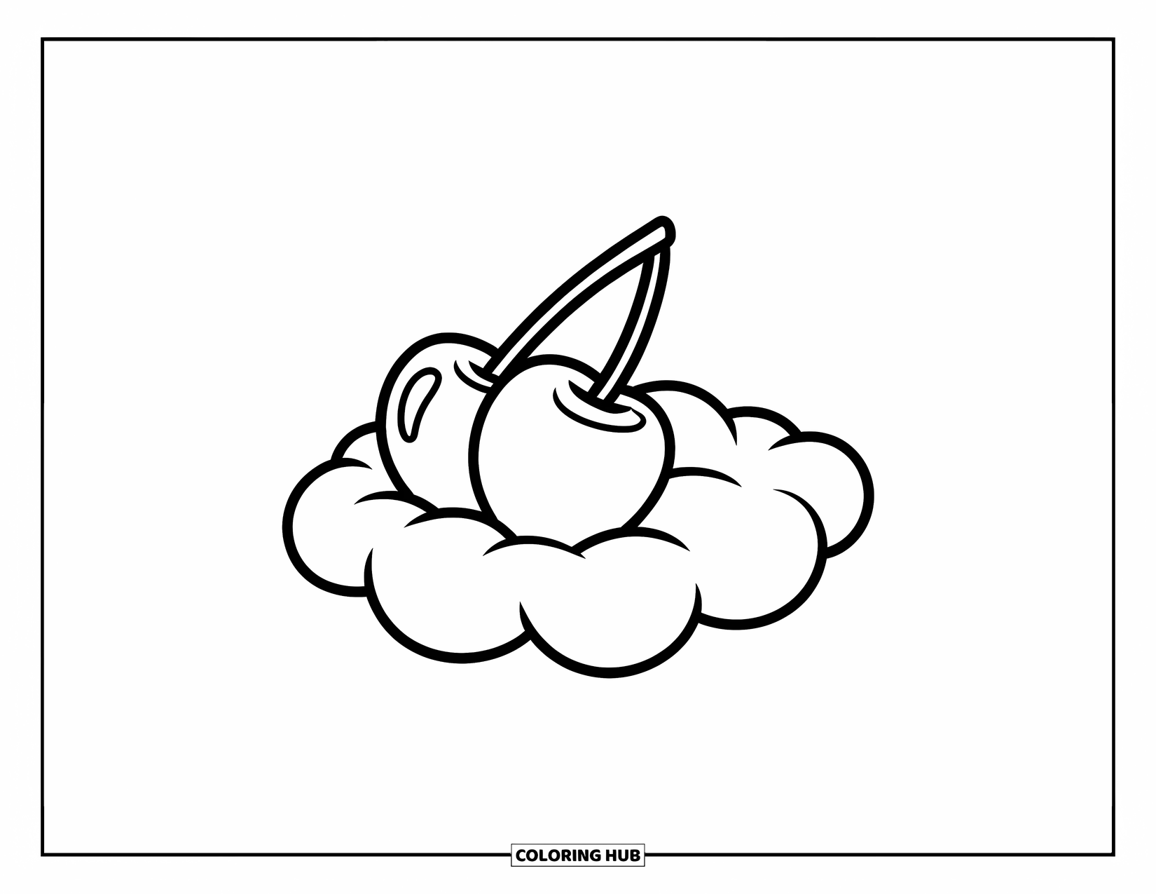 Cherry Coloring Page for Kids: A cherry with a stem rests on a soft, cotton-candy-shaped cloud
