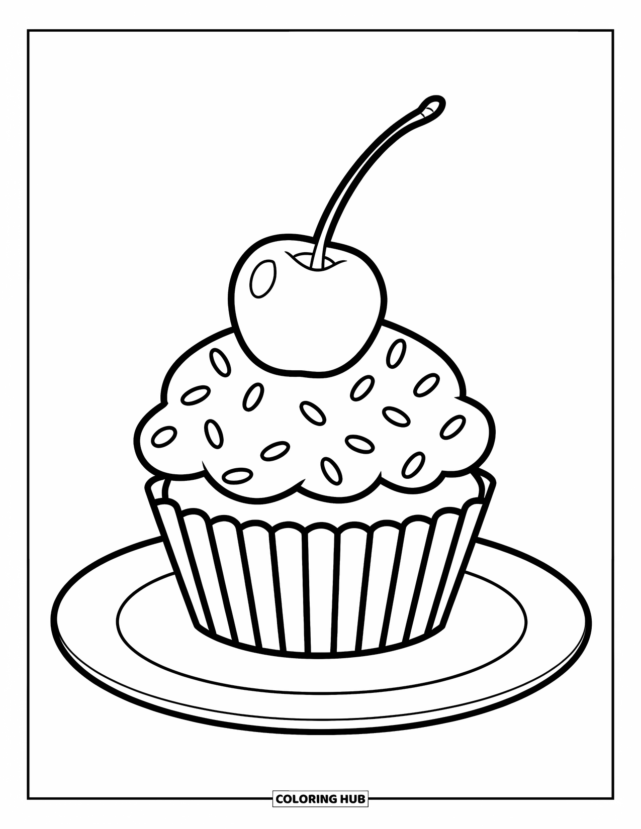 Cherry Coloring Page for Kids: A cupcake topped with a cherry sits on a simple plate
