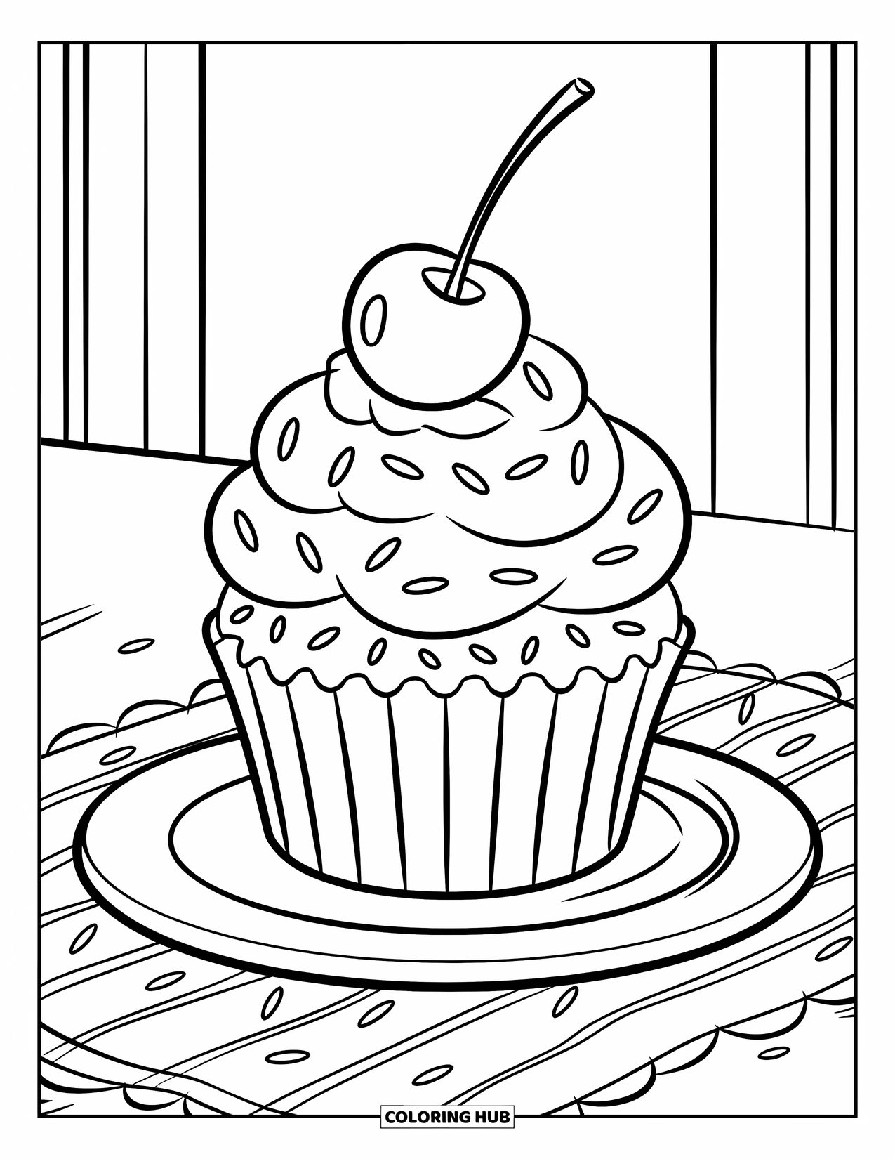 Cherry Coloring Page for Kids: A cupcake with sprinkles and a cherry rests on a small plate