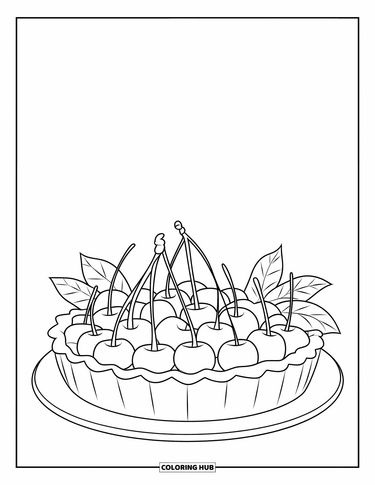 Cherry Coloring Page for Kids: A flaky cherry tart with leaves rests on a clean white plate