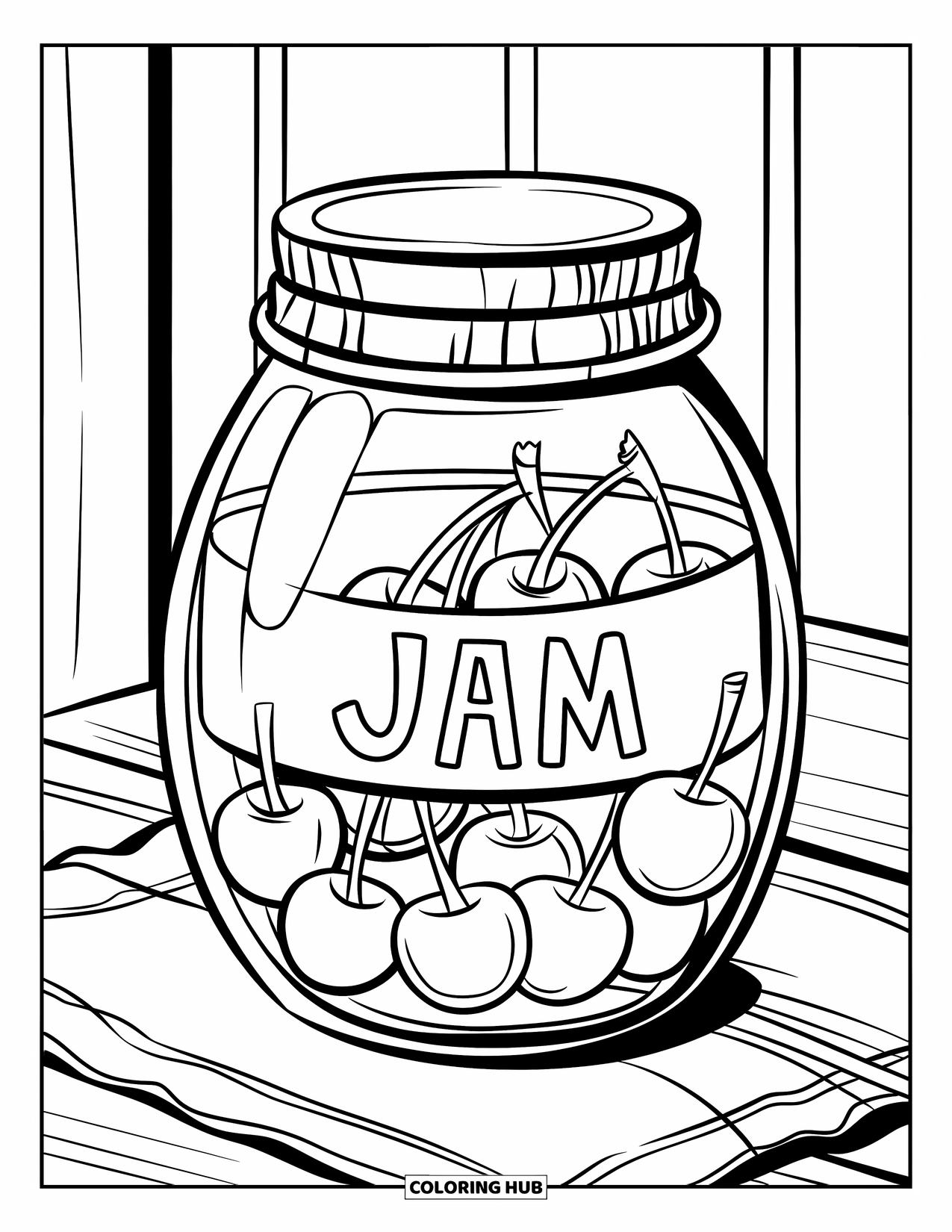 Cherry Coloring Page for Kids: A jam jar filled with cherries rests on a wooden table with cloth
