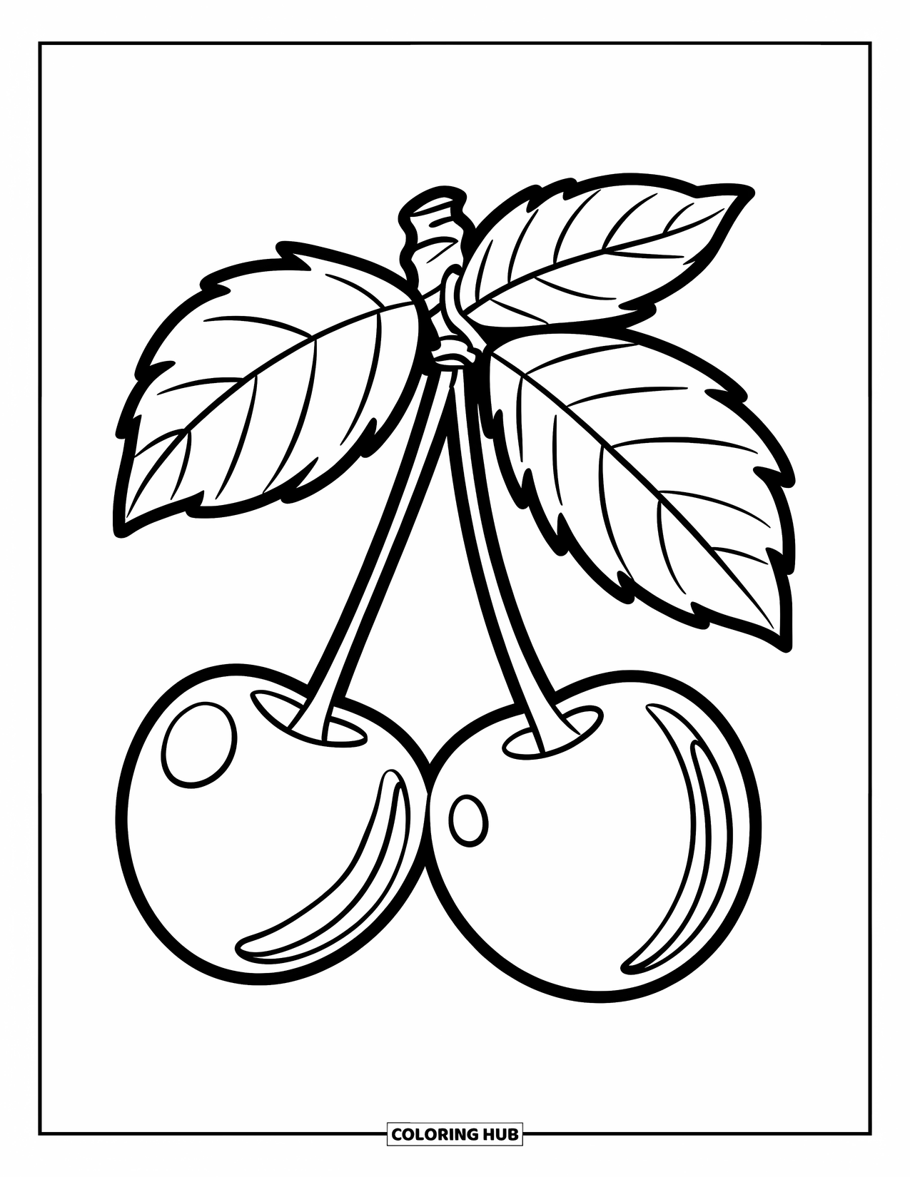 Cherry Coloring Page for Kids: A pair of cherries with bold outlines hang from a leaf-filled stem