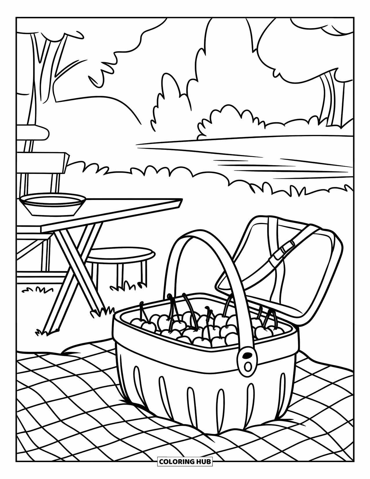 Cherry Coloring Page for Kids: A picnic scene with cherries, a table, and chairs near calm water and trees