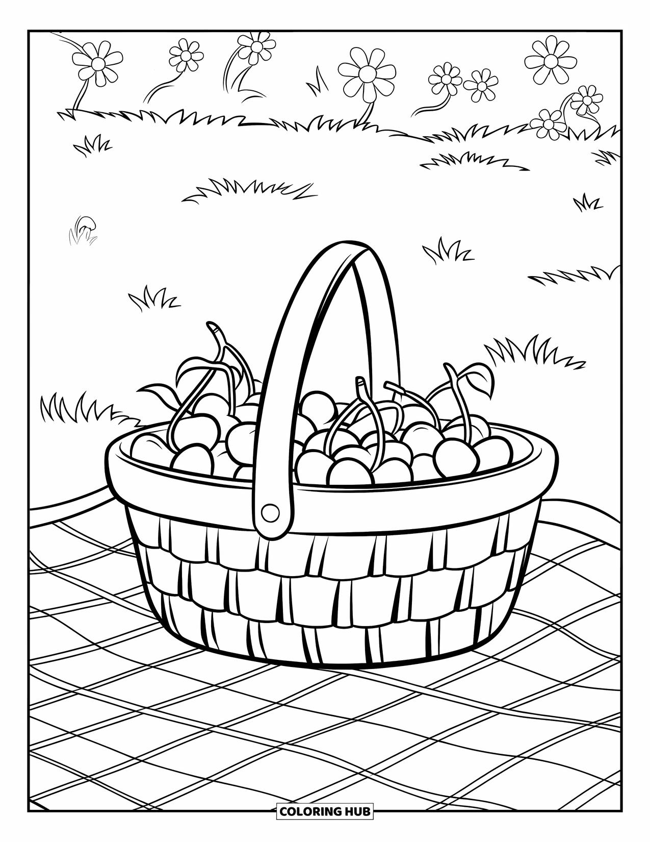 Cherry Coloring Page for Kids: Cherries fill a picnic basket placed on a blanket among flowers in a sunny field