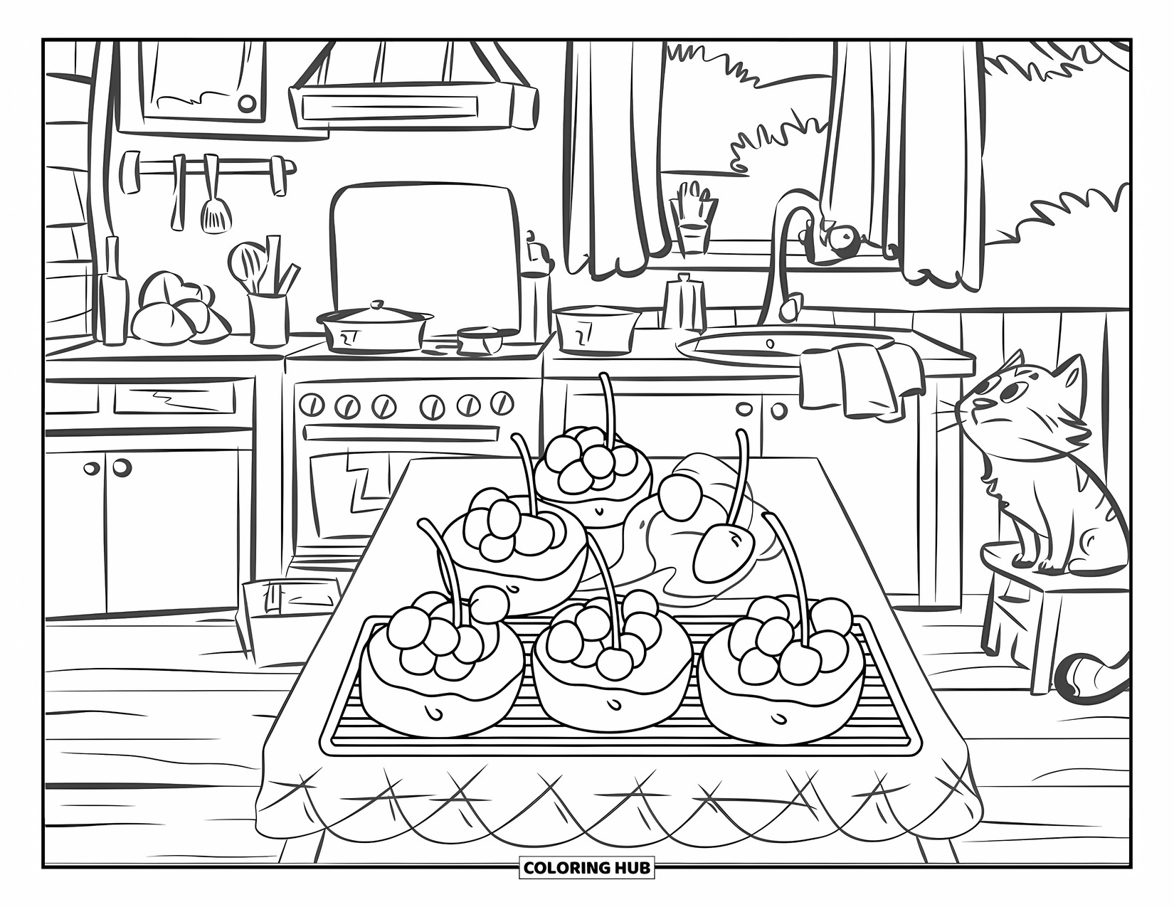 Cherry Coloring Page for Kids: Cherry desserts cool in a cozy kitchen with a cat by the stove