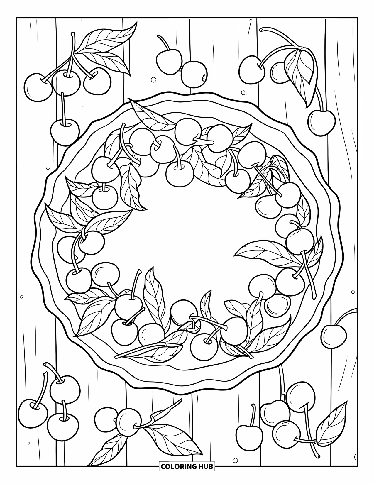 Cherry Coloring Page for Kids: Fresh cherries and leaves surround a tart in a wooden dish