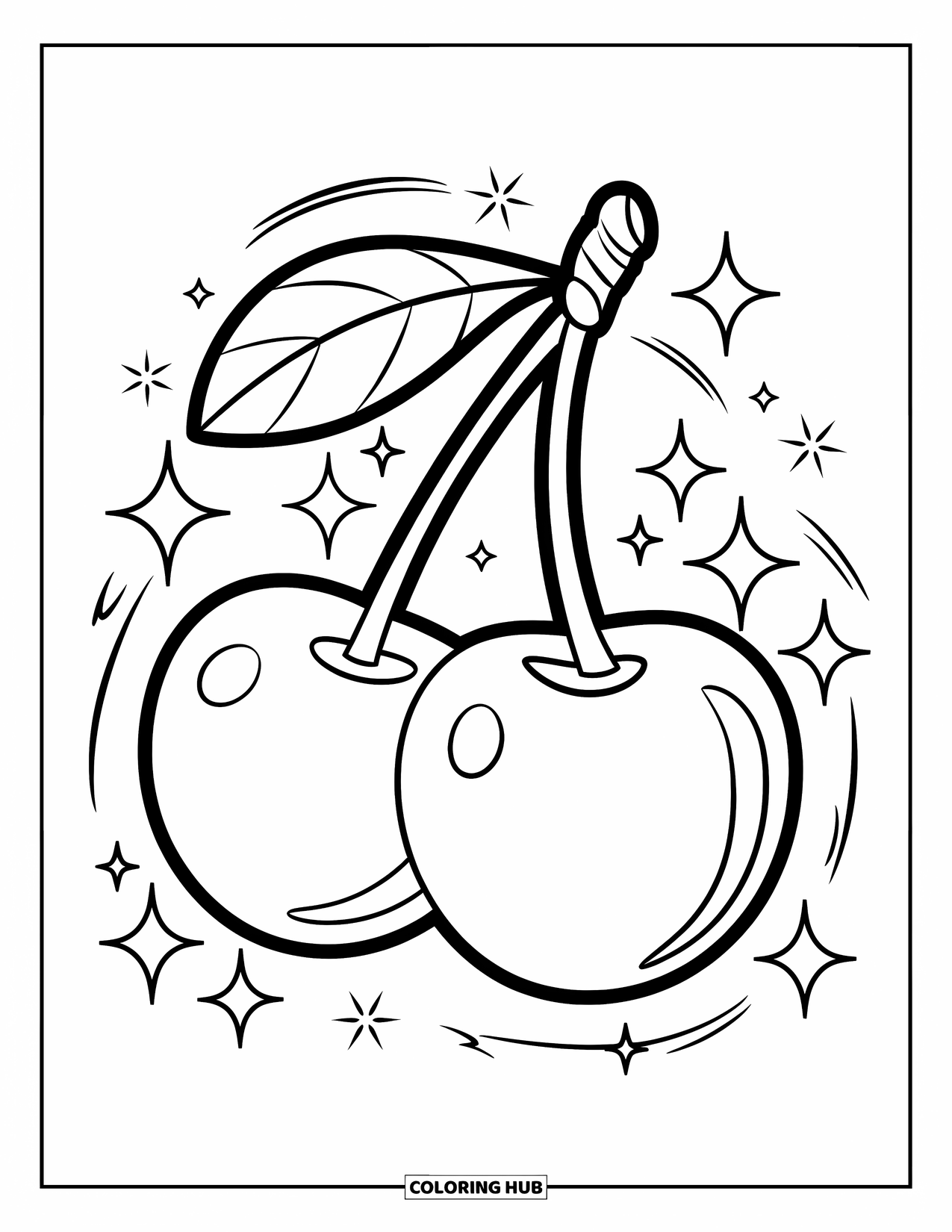 Cherry Coloring Page for Kids: Sparkling stars surround two big cherries with bold outlines and simple shapes