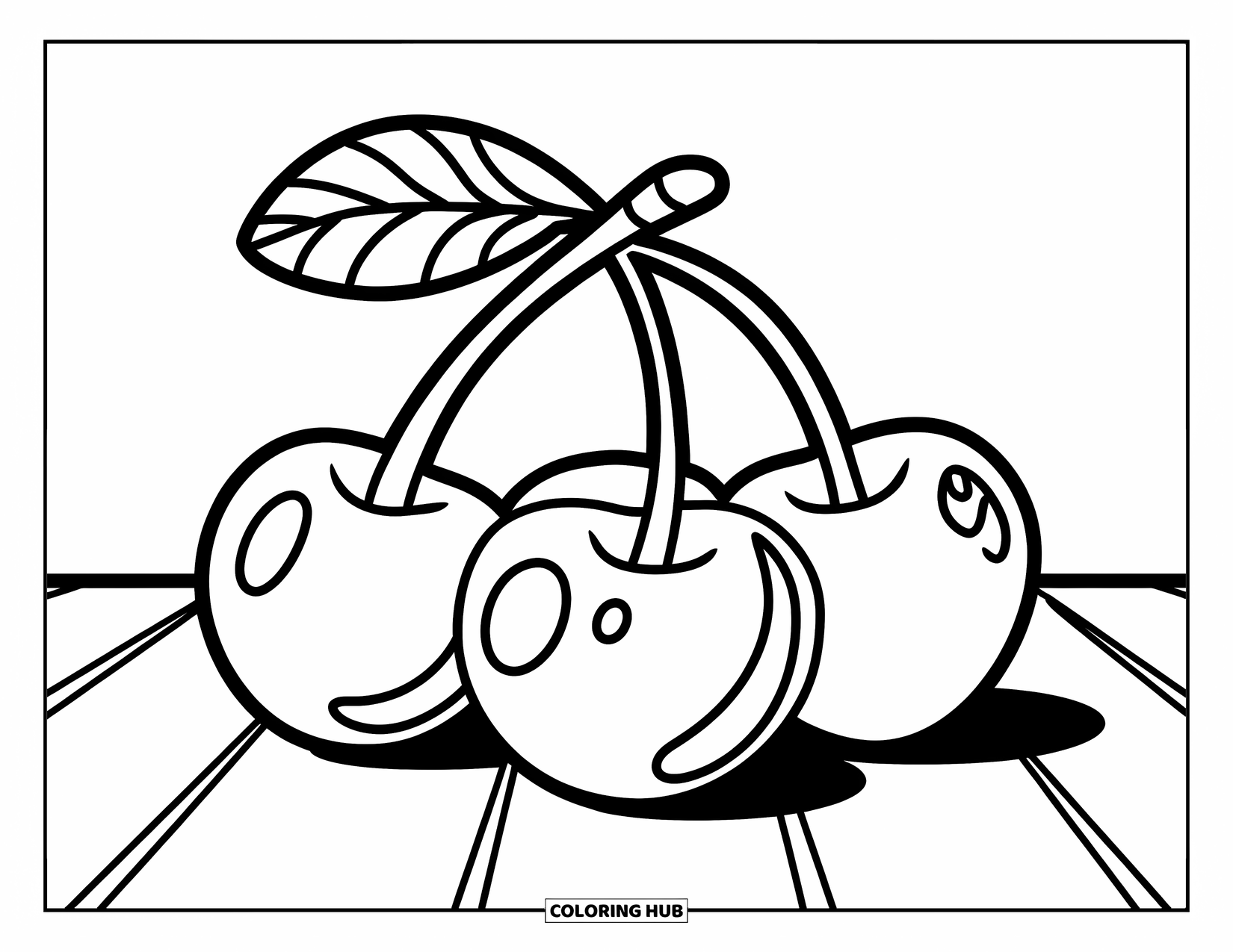 Cherry Coloring Page for Kids: Three playful cherries sit on a simple table with plenty of space to color
