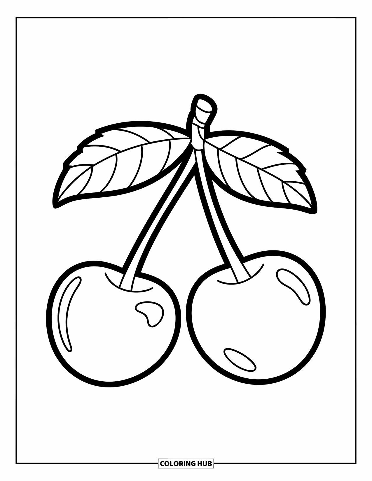 Cherry Coloring Page for Kids: Two big cherries hang from a leafy stem with bold, fun lines