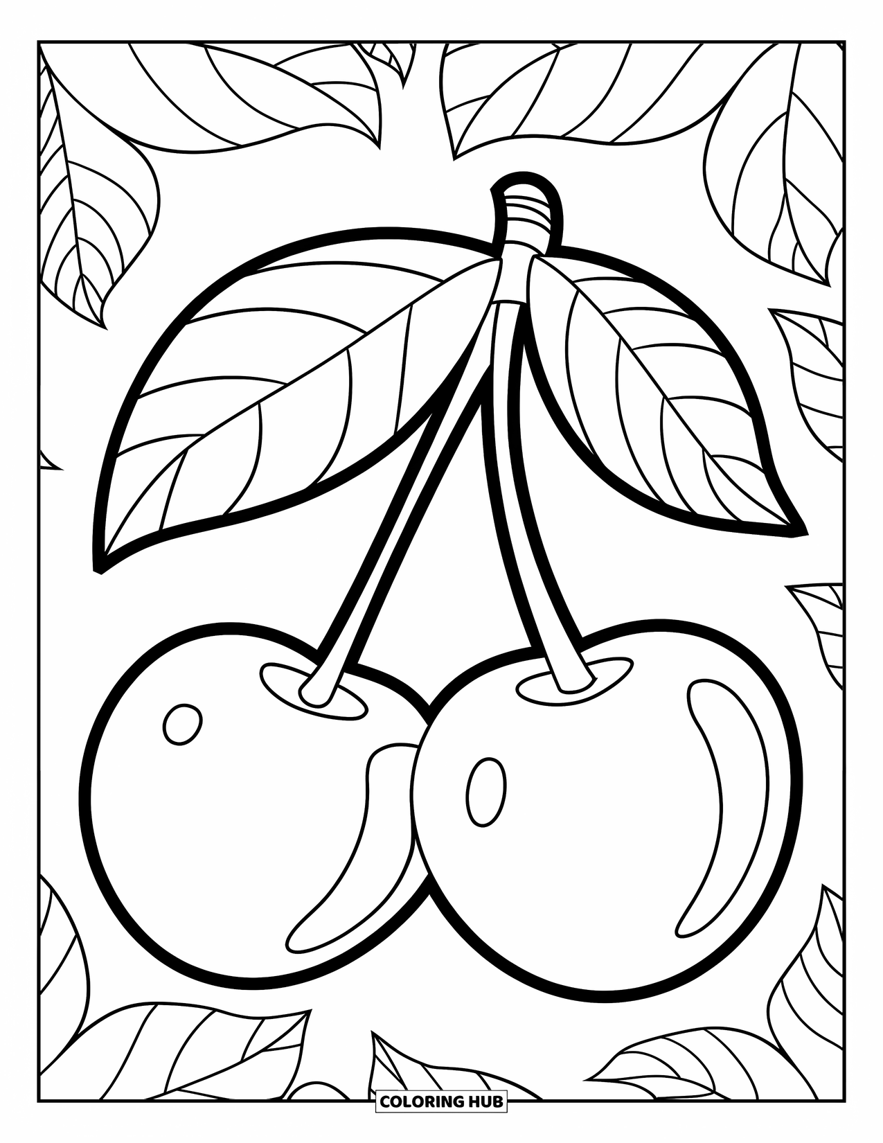Cherry Coloring Page for Kids: Two cheerful cherries with leaves hang from a shared stem on white