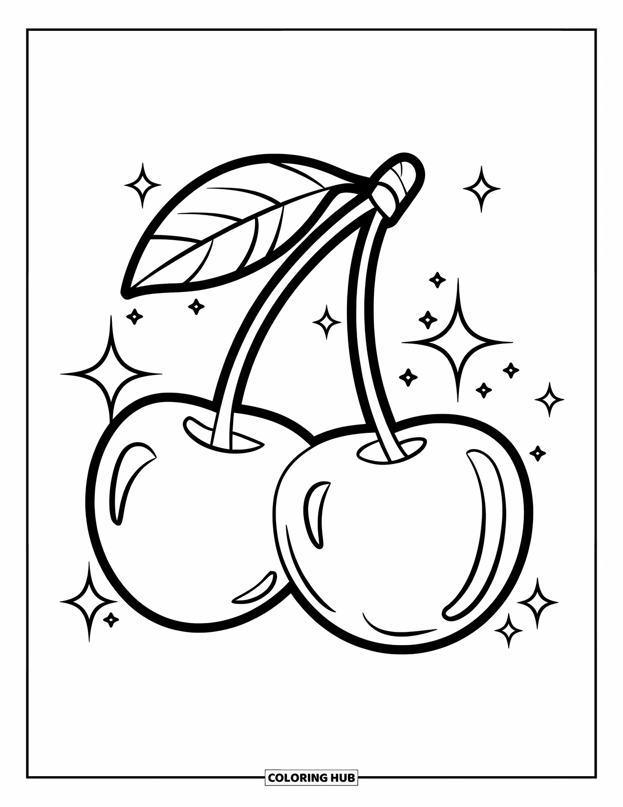 Cherry Coloring Page for Kids: Two juicy cherries shine with sparkles around them on a clean background