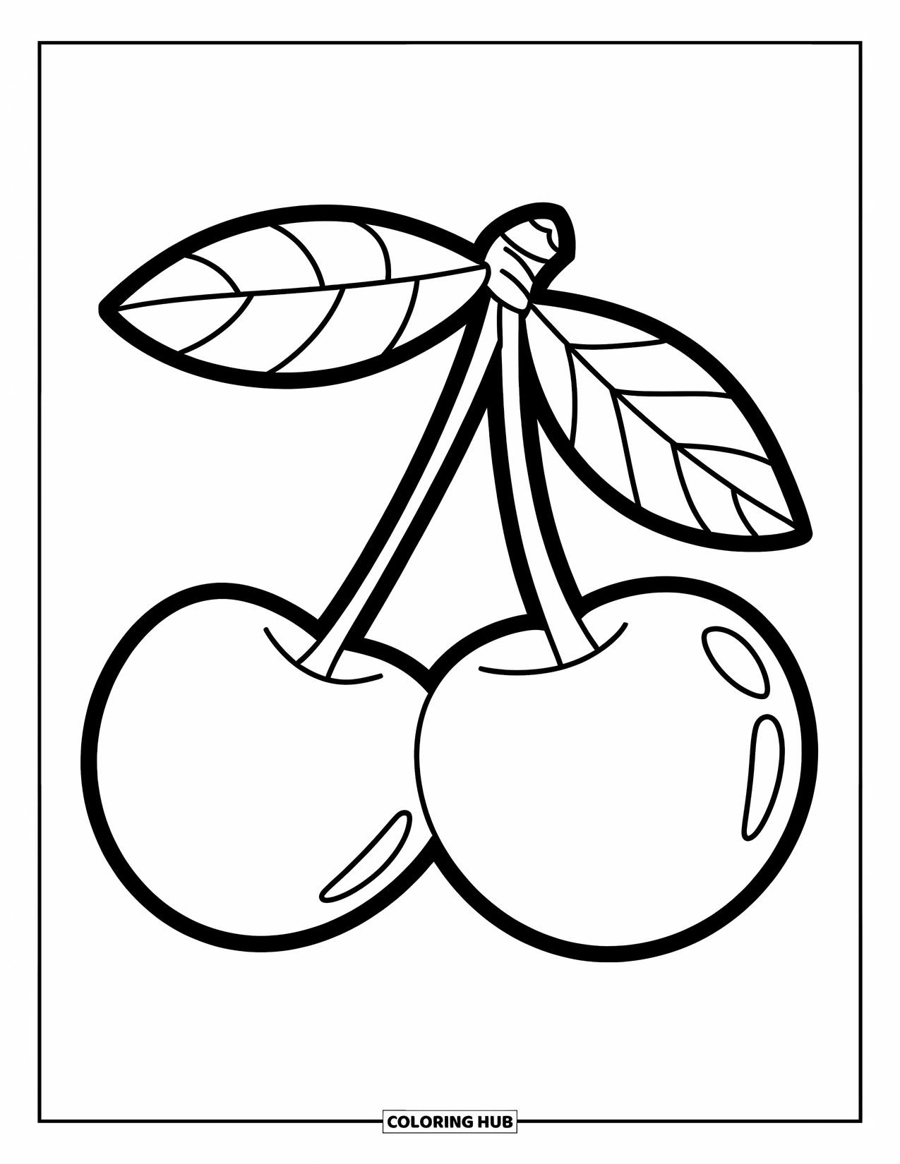 Cherry Coloring Page for Kids: Two large cherries connected by a leafy stem are ready to be colored