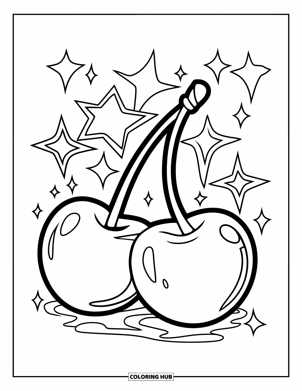 Cherry Coloring Page for Kids: Two large cherries sit under twinkling stars, ready for fun coloring