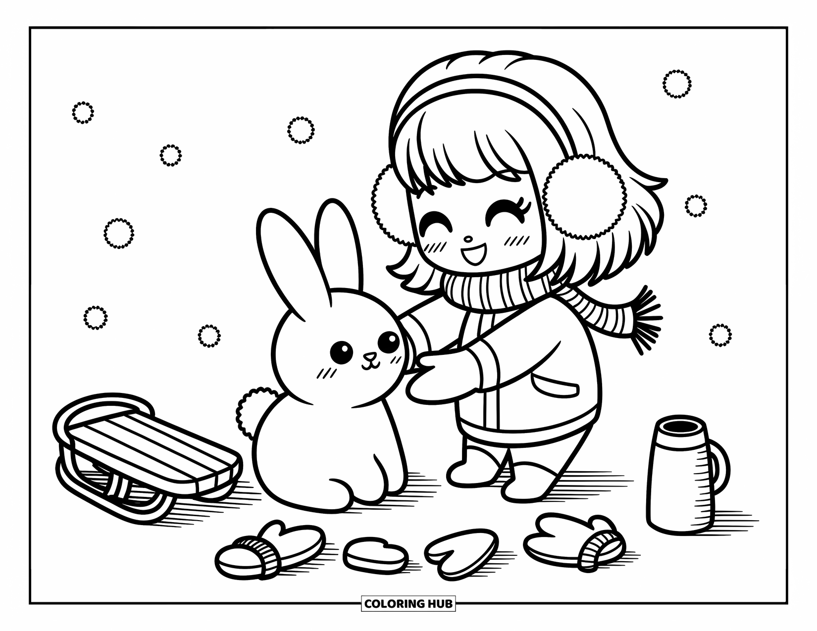 Chibi Coloring Page for Adults: A bundled-up chibi girl builds a snow bunny under gently falling snowflakes