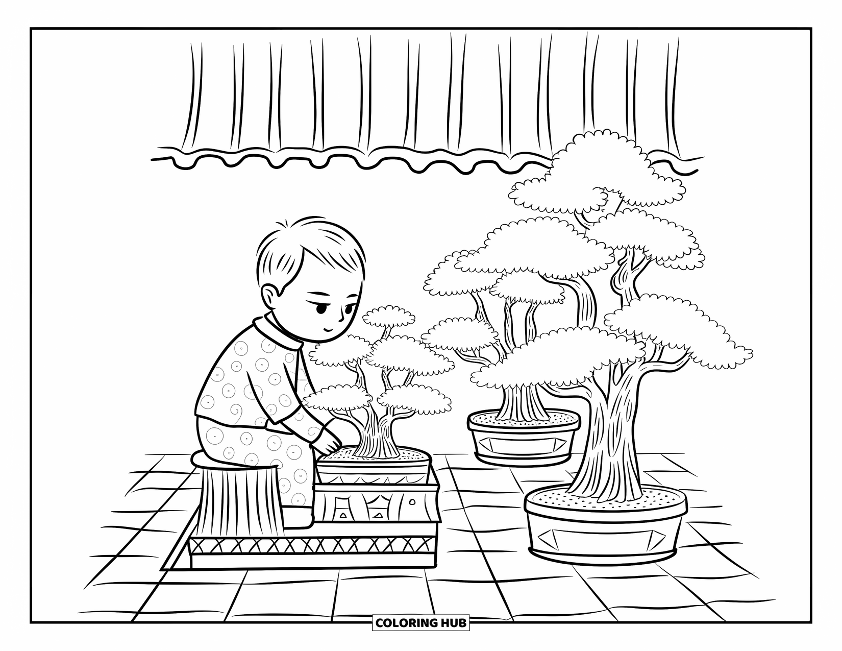 Chibi Coloring Page for Adults: A calm chibi man cares for bonsai on a patio with patterned pots and flowers