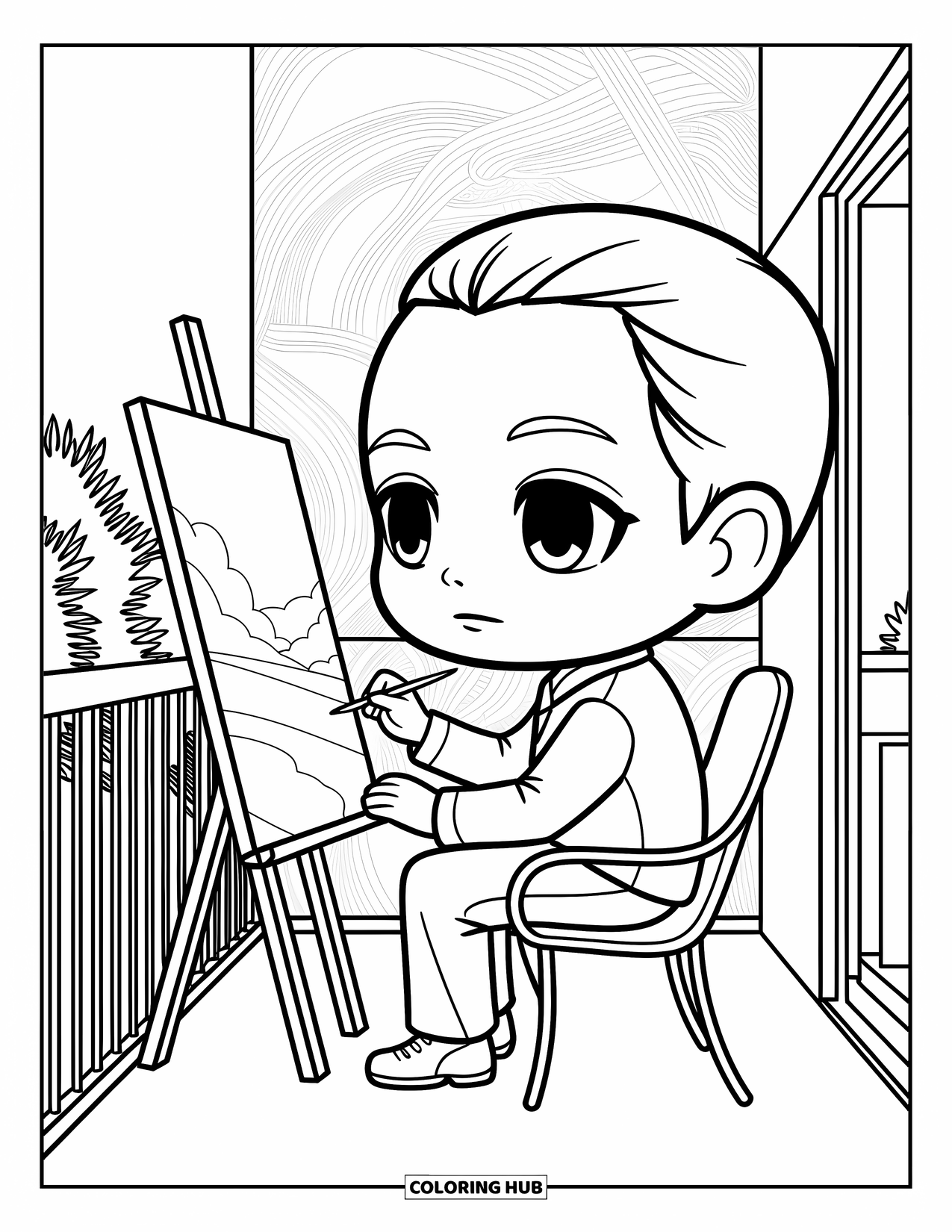 Chibi Coloring Page for Adults: A calm chibi man paints outdoors near plants, latticework, and peaceful patterns