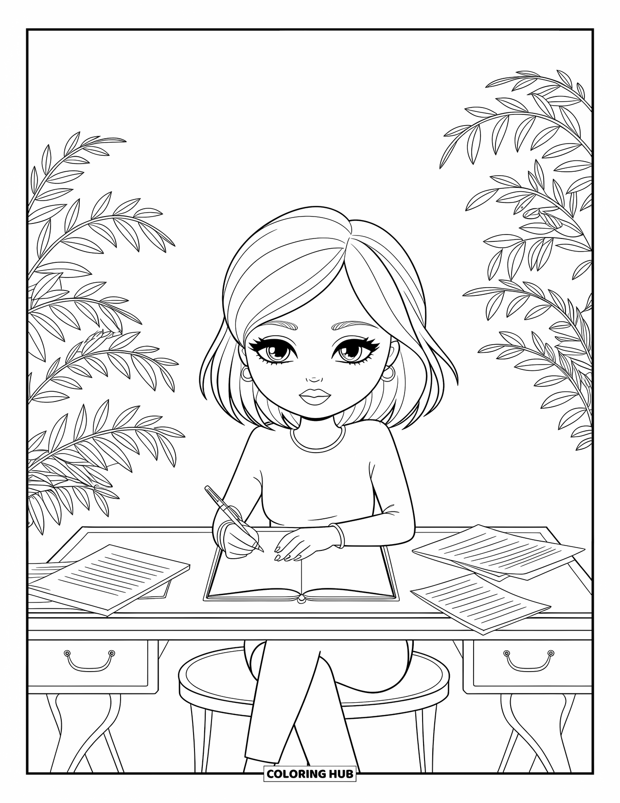 Chibi Coloring Page for Adults: A calm chibi woman holds a pen at her desk, surrounded by cozy plants and notes