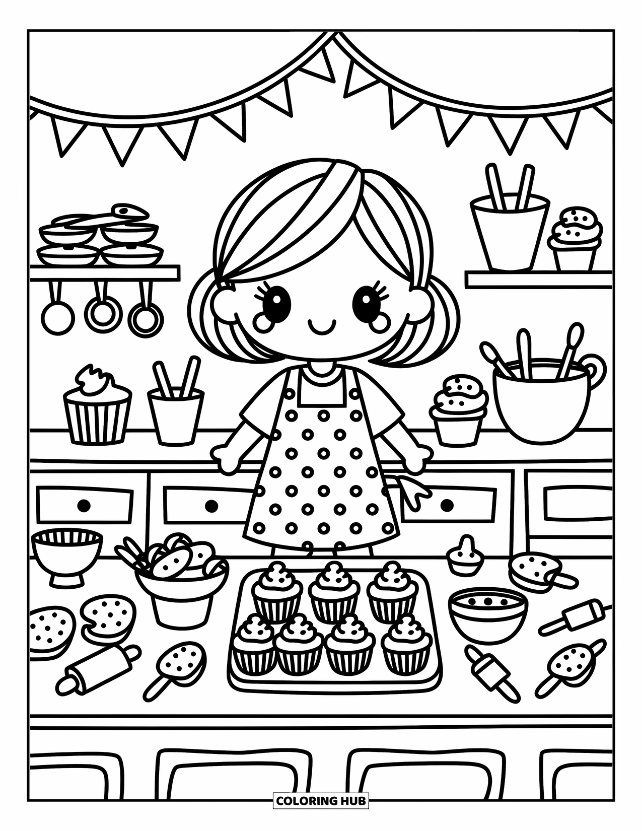 Chibi Coloring Page for Adults: A chibi baker in an apron decorates cupcakes in a tiny, festive kitchen