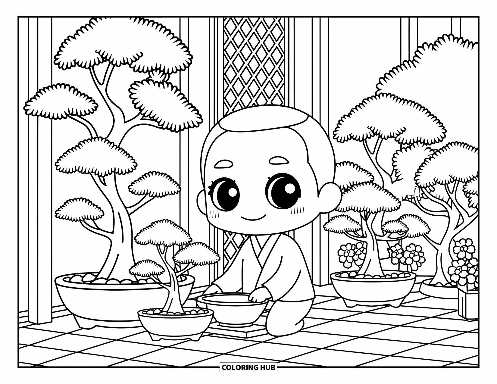 Chibi Coloring Page for Adults: A chibi man peacefully tends to bonsai trees on a quiet patio