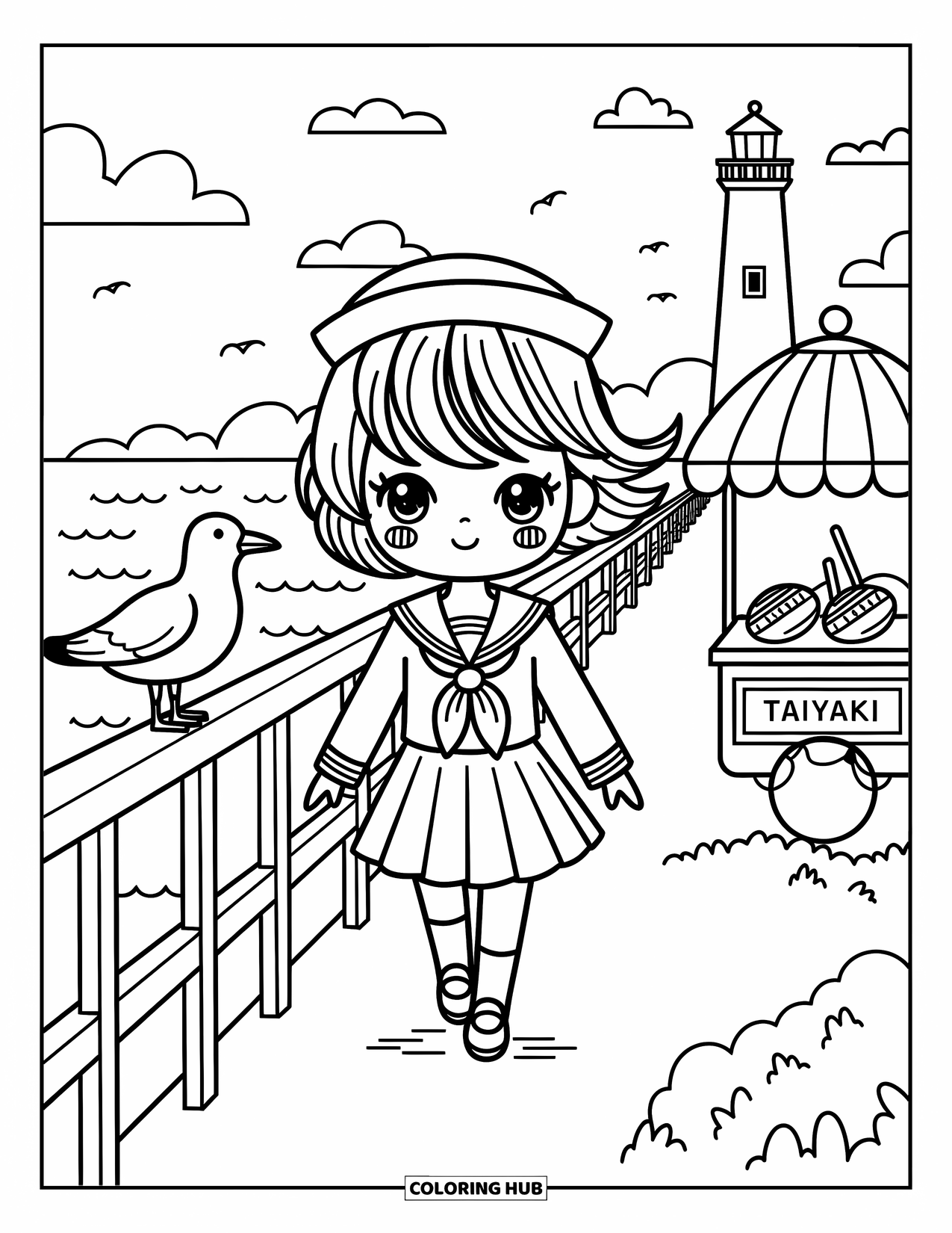 Chibi Coloring Page for Adults: A chibi sailor girl walks by the shore with a breeze in her bow-tied hair