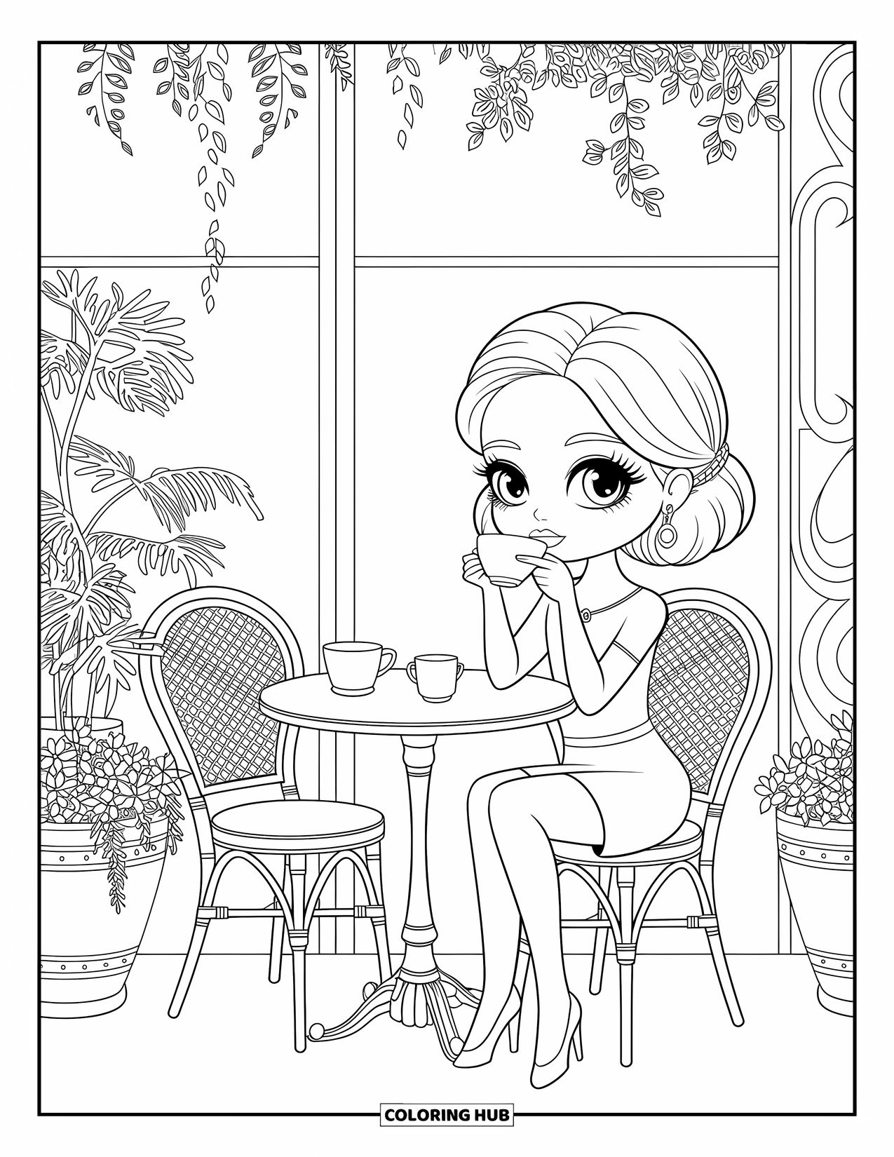 Chibi Coloring Page for Adults: A chibi woman sips tea at a cozy café table with potted plants nearby