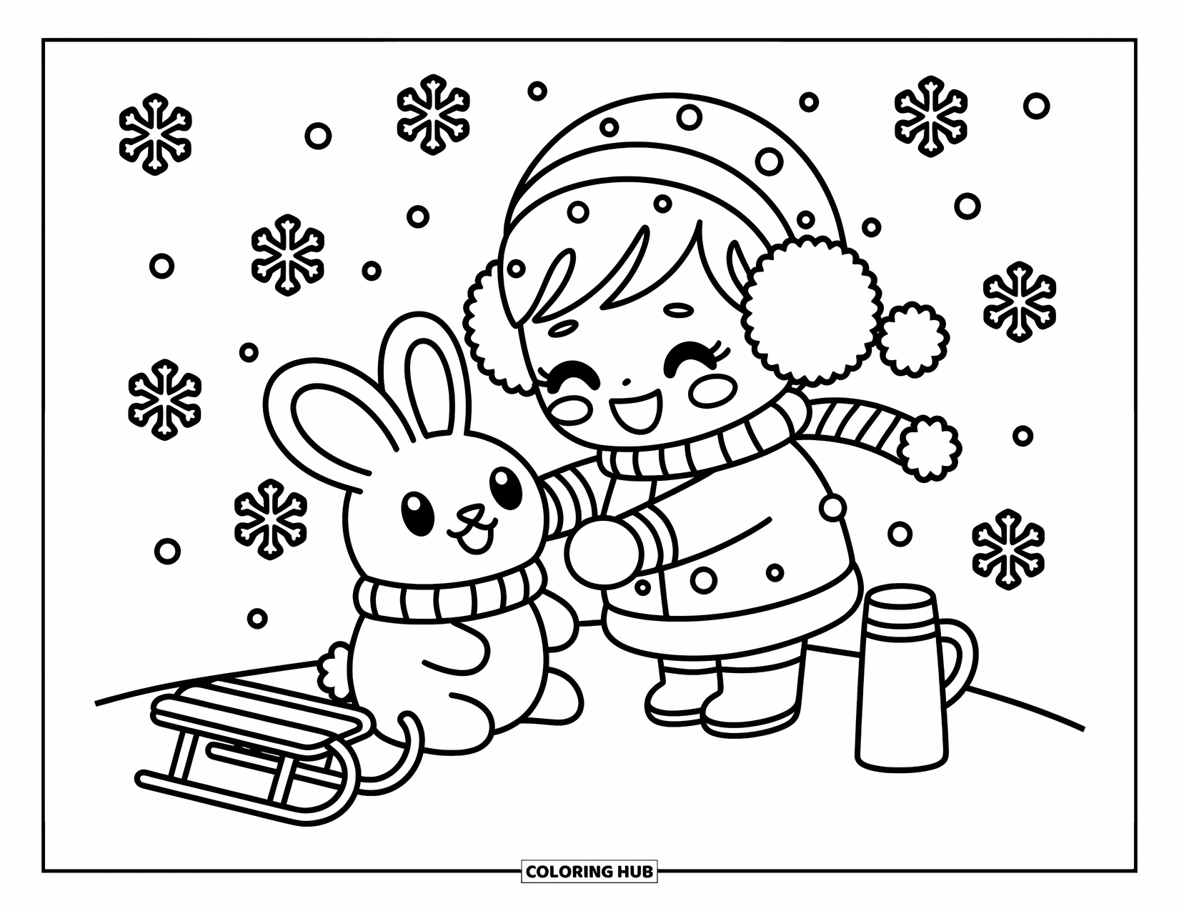 Chibi Coloring Page for Adults: A cozy chibi girl builds a snow bunny with mittens, a sled, and soft snow