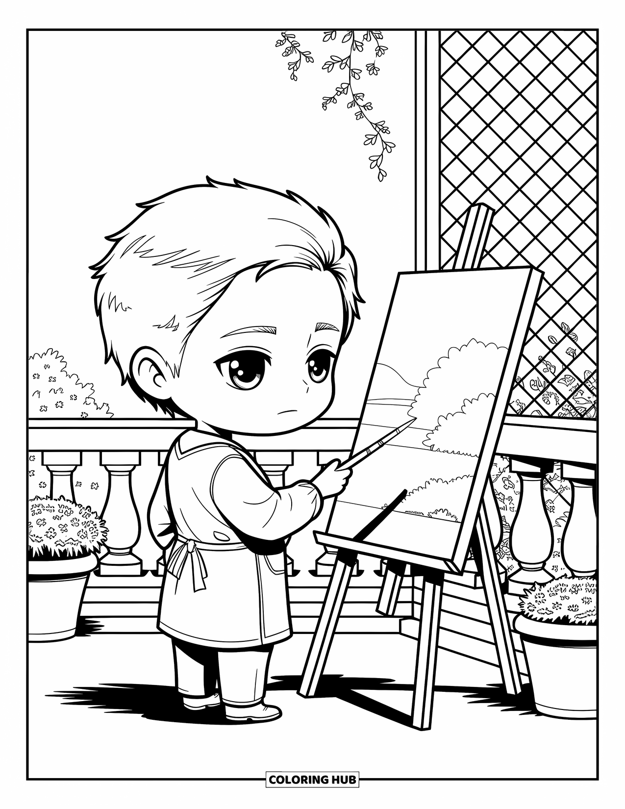 Chibi Coloring Page for Adults: A focused chibi artist paints on a balcony framed by soft patterns and flowers