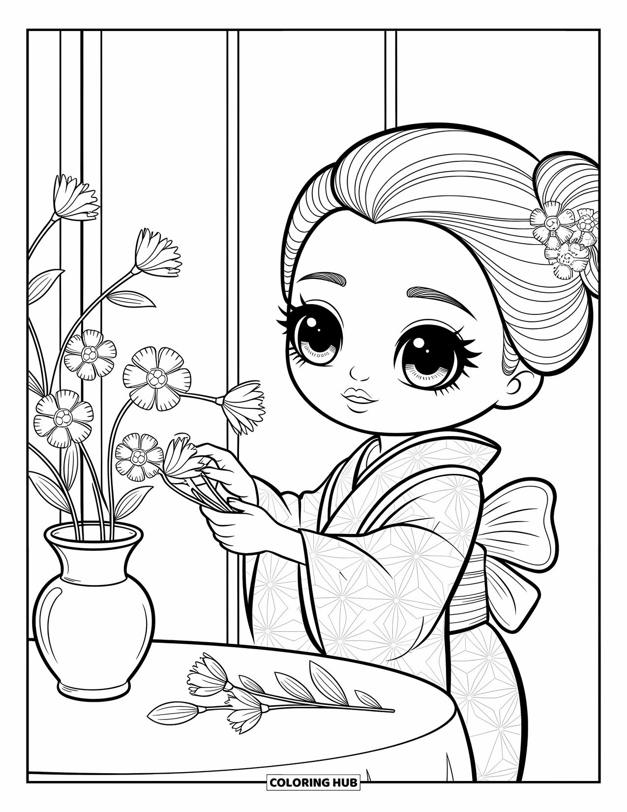Chibi Coloring Page for Adults: A focused chibi woman places flowers in a vase with patterned petals and calm grace