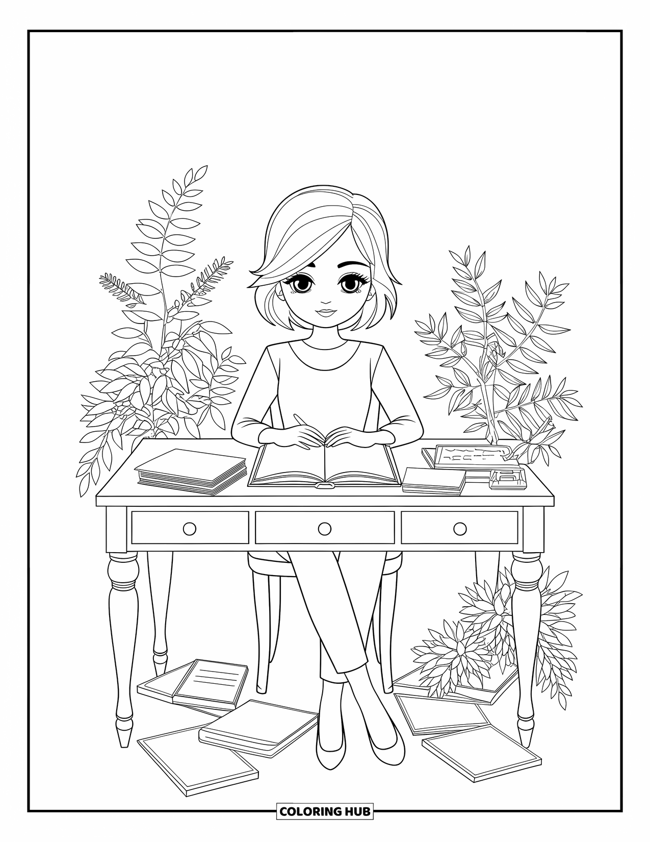 Chibi Coloring Page for Adults: A focused chibi woman writes quietly at her desk with calm, leafy surroundings