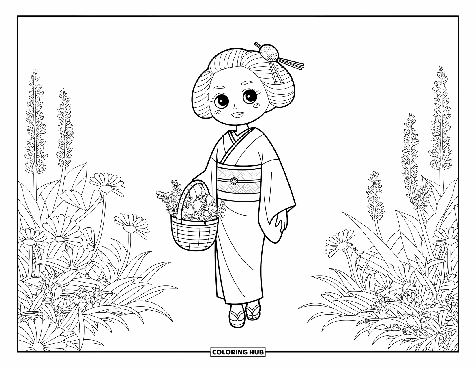 Chibi Coloring Page for Adults: A joyful chibi woman walks through tall flowers, carrying herbs in her basket