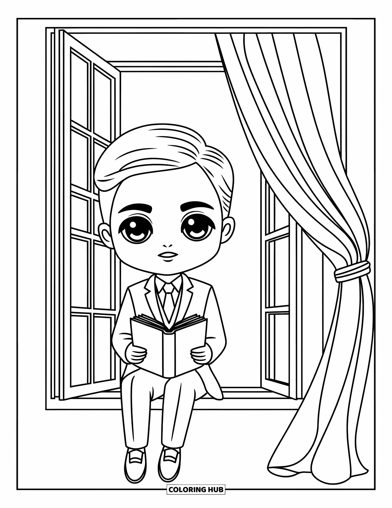 Chibi Coloring Page for Adults: A quiet chibi man reads a book near a window with fluttering curtains