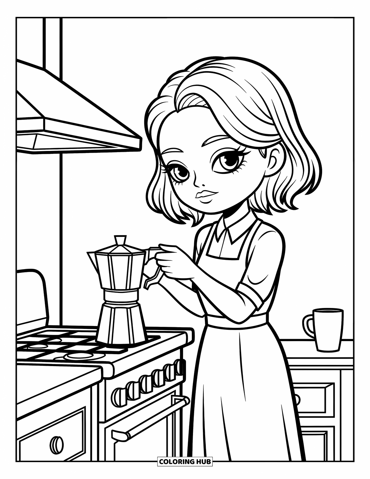 Chibi Coloring Page for Adults: A relaxed chibi woman stirs her coffee in a peaceful, vintage-style kitchen