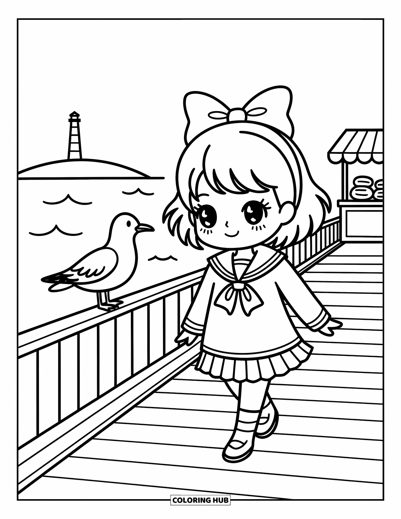 Chibi Coloring Page for Adults: A sailor chibi strolls a breezy boardwalk with a seagull and snack cart nearby