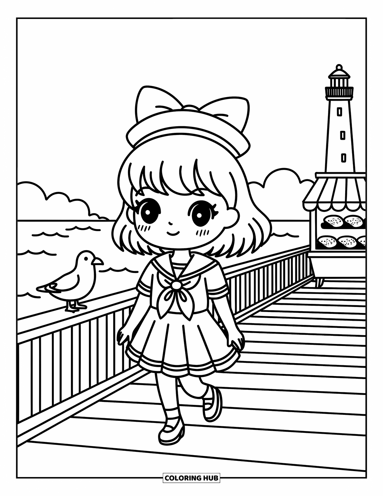 Chibi Coloring Page for Adults: A sailor chibi walks a sunny boardwalk with seagulls, snacks, and sea views
