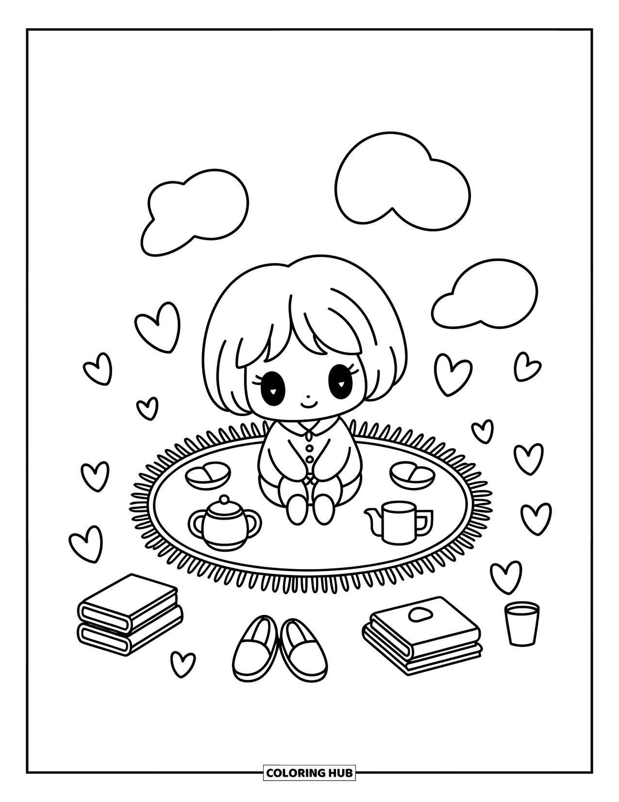 Chibi Coloring Page for Adults: A tiny chibi enjoys cocoa and books by a warm fire in a cozy nook