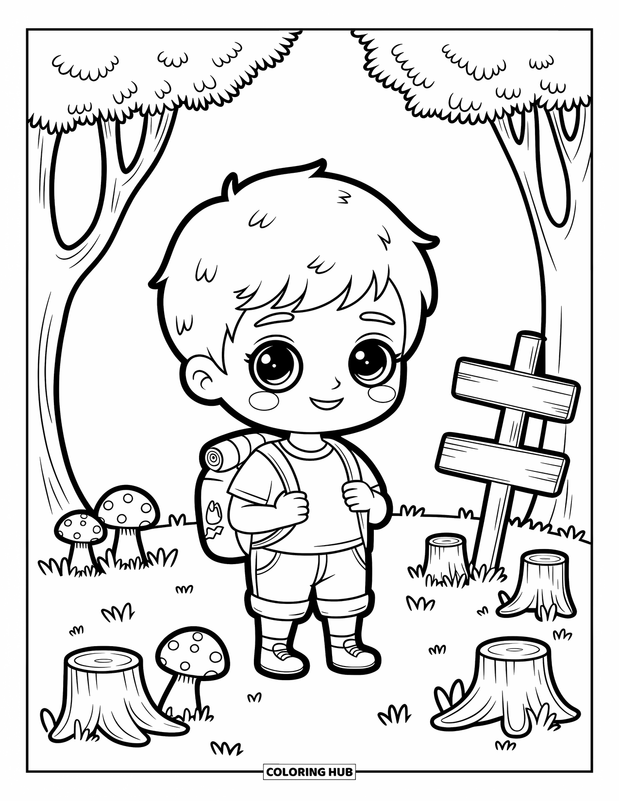 Chibi Coloring Page for Adults: A tiny explorer chibi stands with a map as mushrooms and fireflies surround him