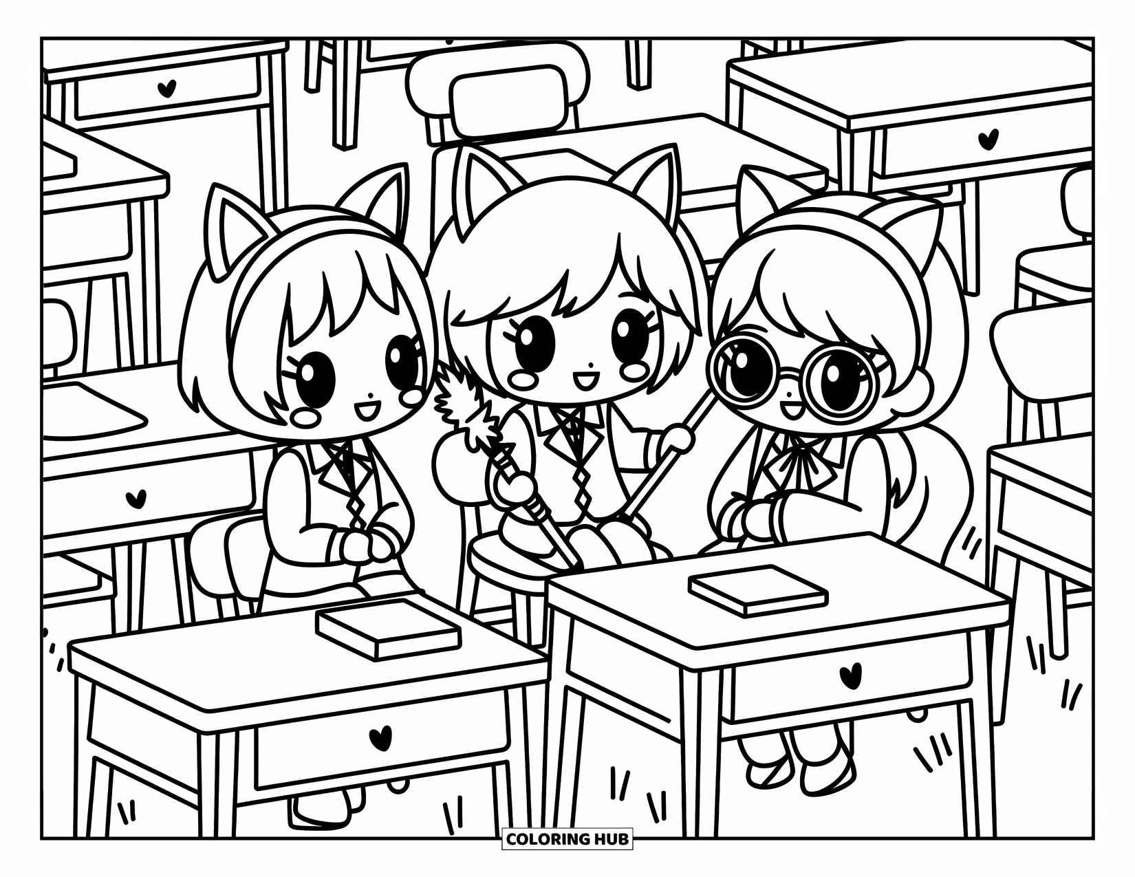 Chibi Coloring Page for Adults: Three playful chibis hang out in a cozy classroom filled with doodles and desks