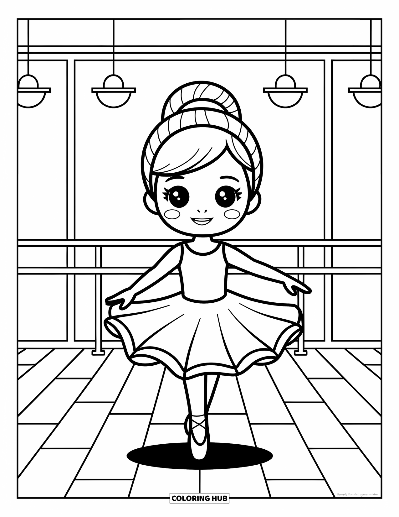 Chibi Coloring Page for Kids: A ballerina spins in a sunny studio, her tutu fluttering wide
