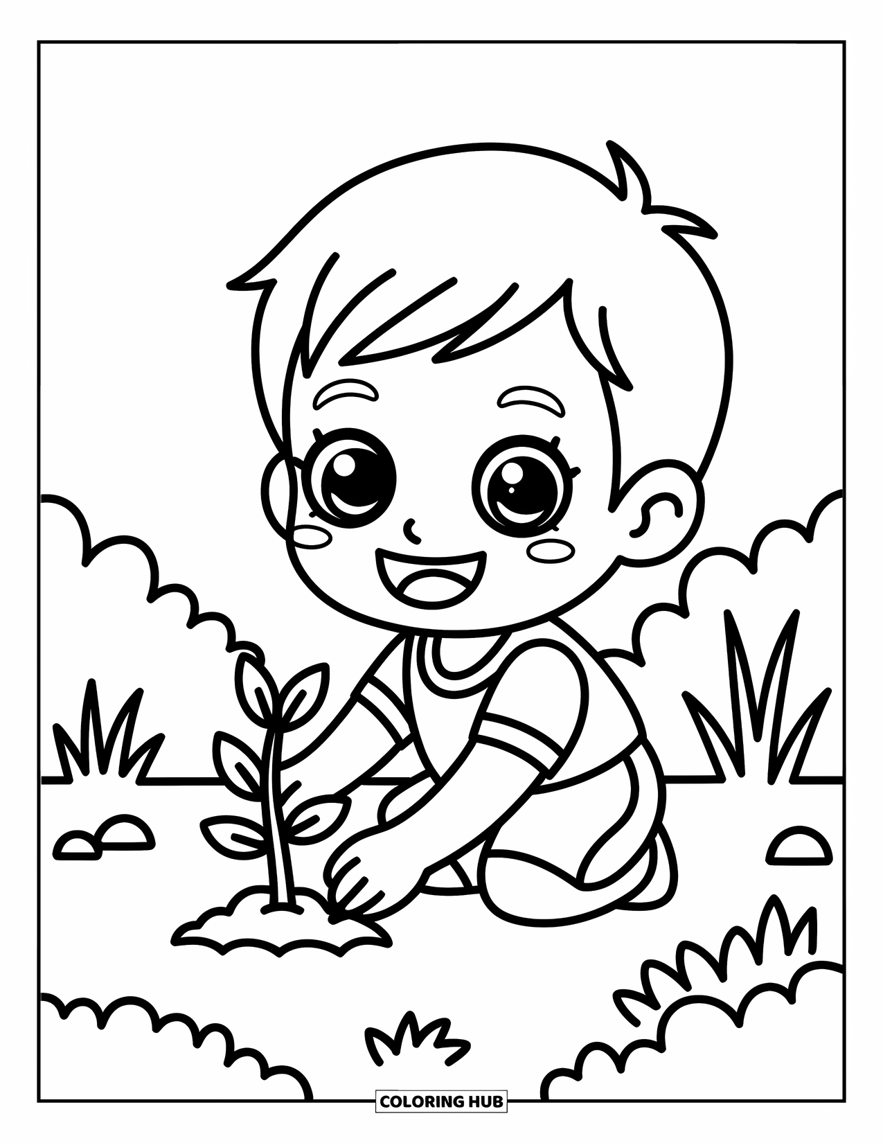 Chibi Coloring Page for Kids: A boy grins while planting a sapling in a cute garden scene