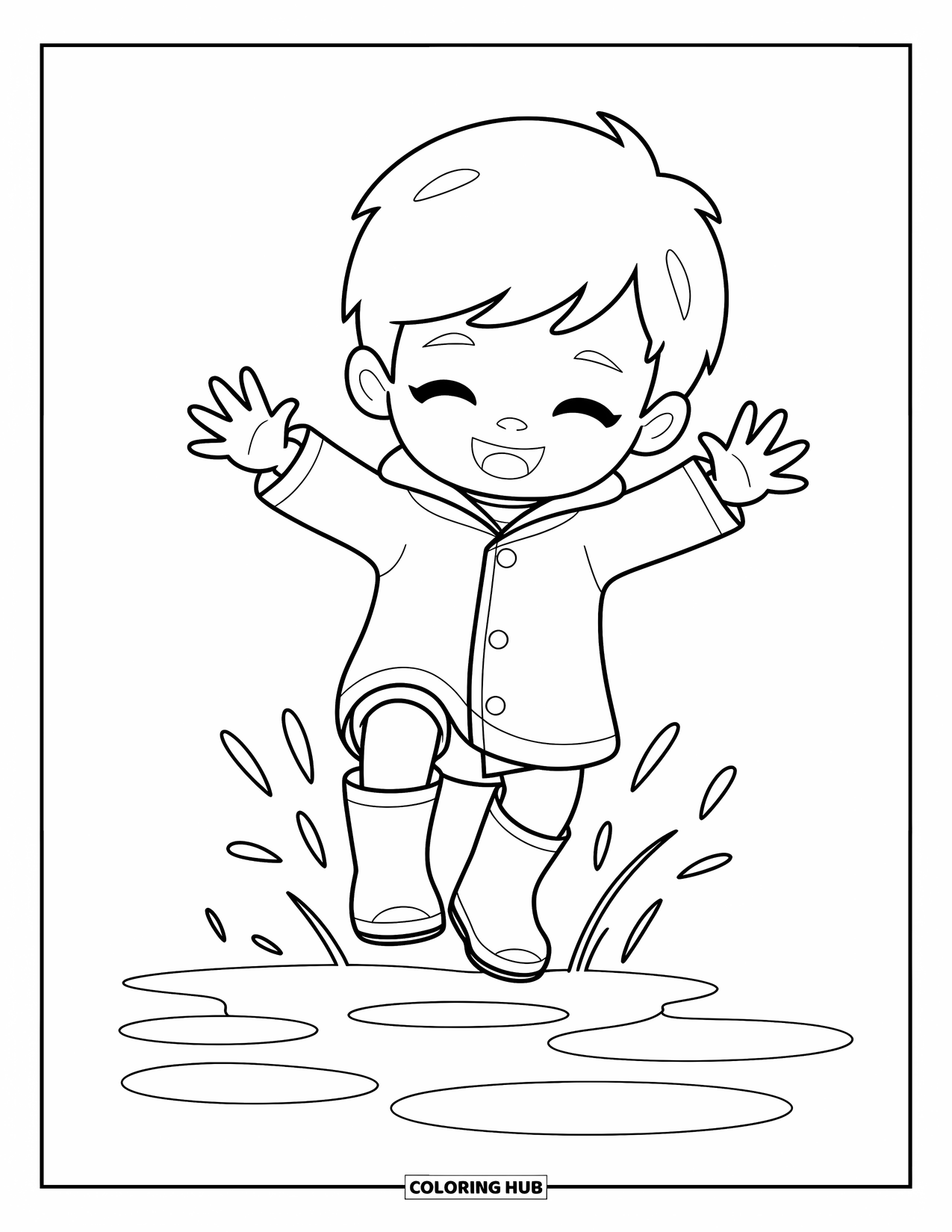 Chibi Coloring Page for Kids: A boy jumps into a puddle wearing a raincoat and boots