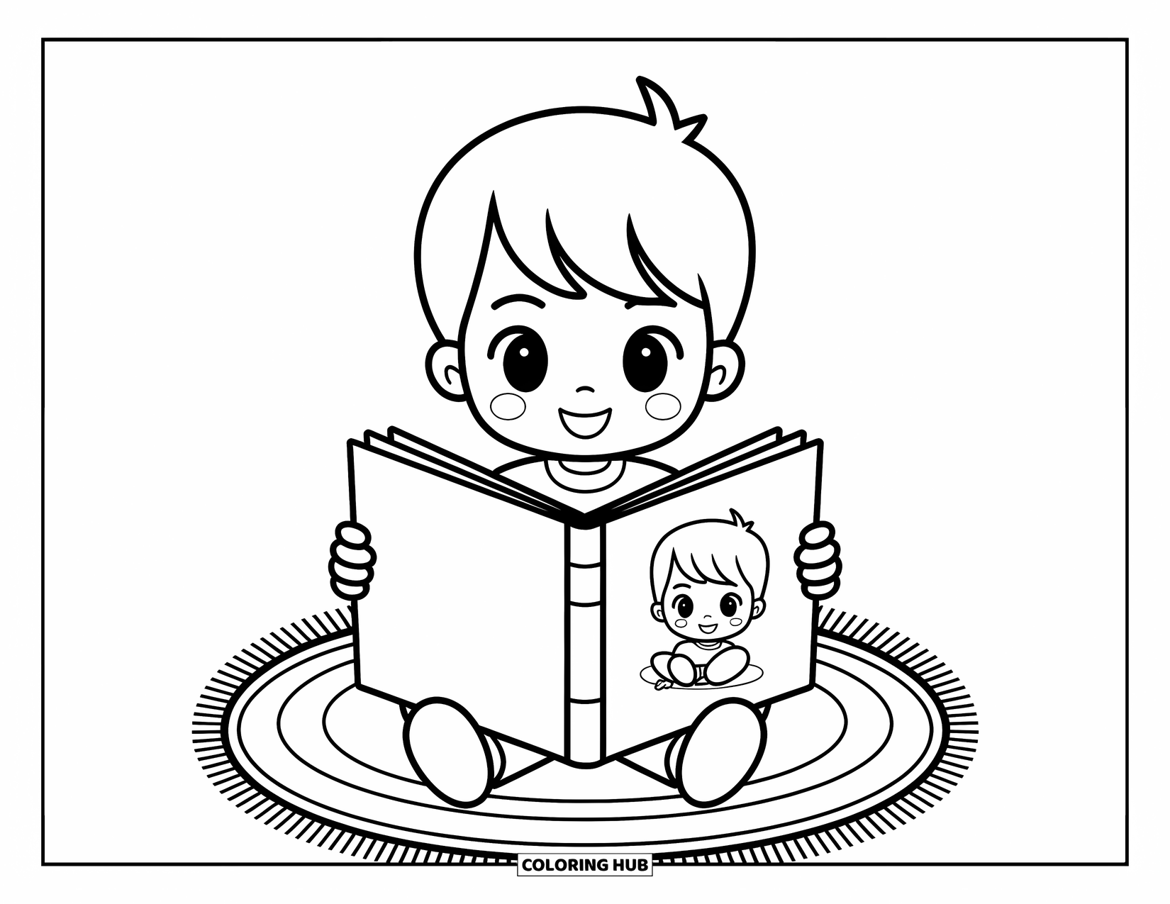 Chibi Coloring Page for Kids: A boy sits cross-legged reading a big picture book on a soft rug