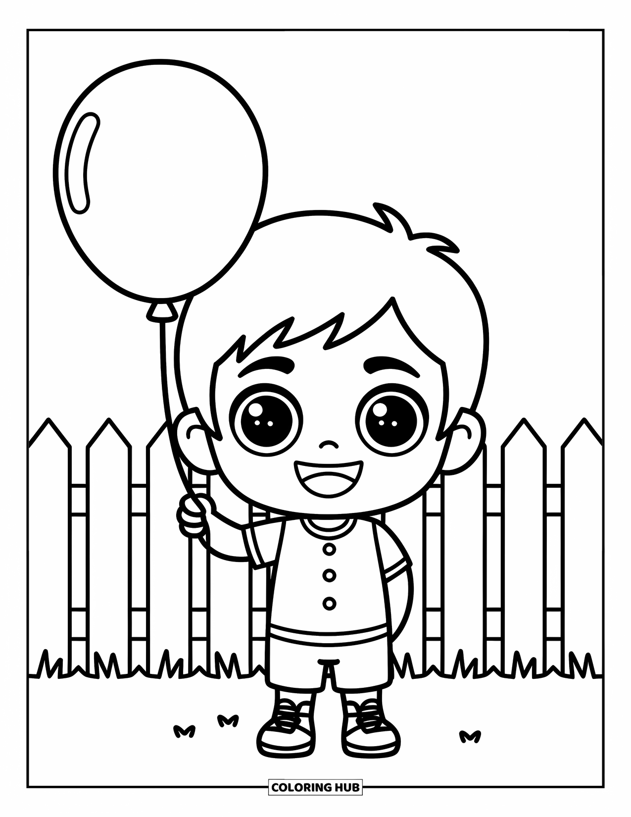 Chibi Coloring Page for Kids: A cheerful boy holds a balloon in front of a simple wooden fence