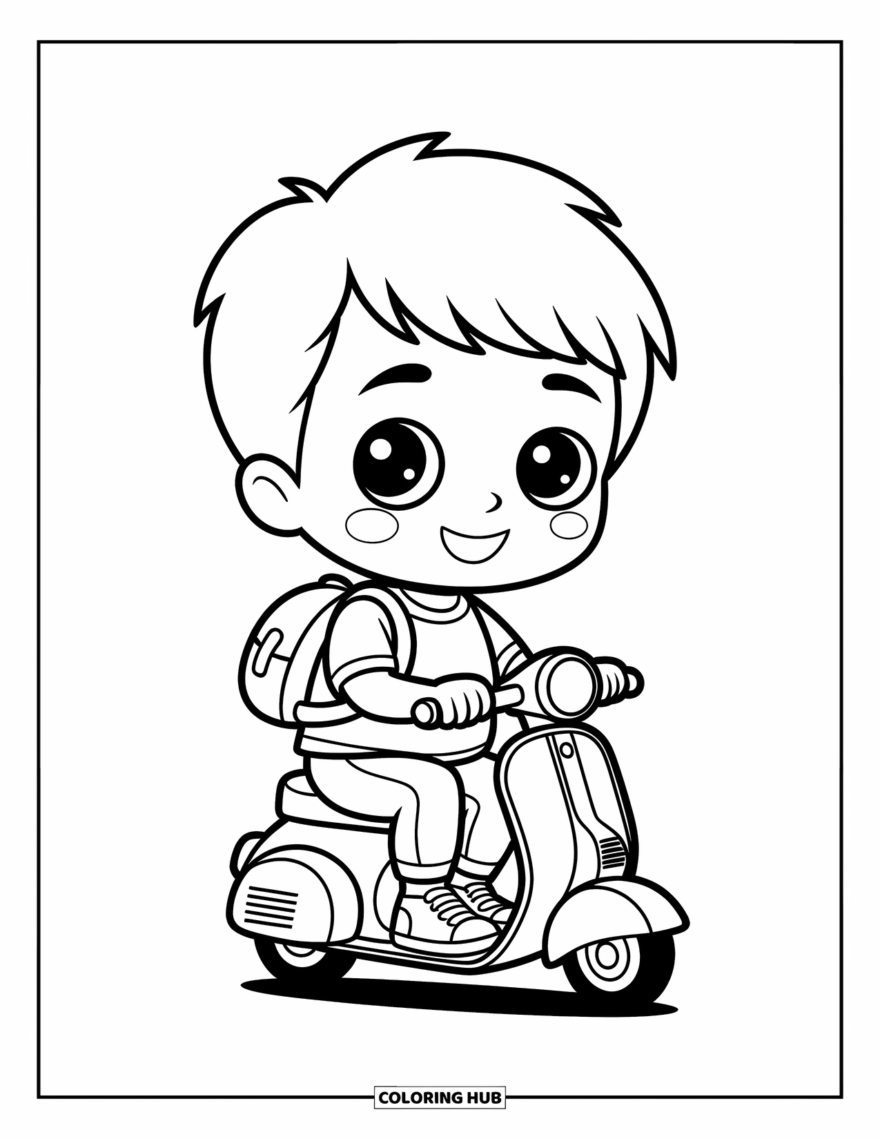 Chibi Coloring Page for Kids: A cheerful boy rides a scooter with a small backpack bouncing behind him