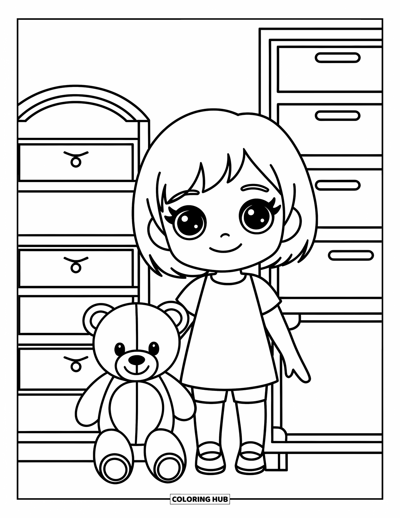 Chibi Coloring Page for Kids: A cheerful girl stands with her teddy next to a toy shelf