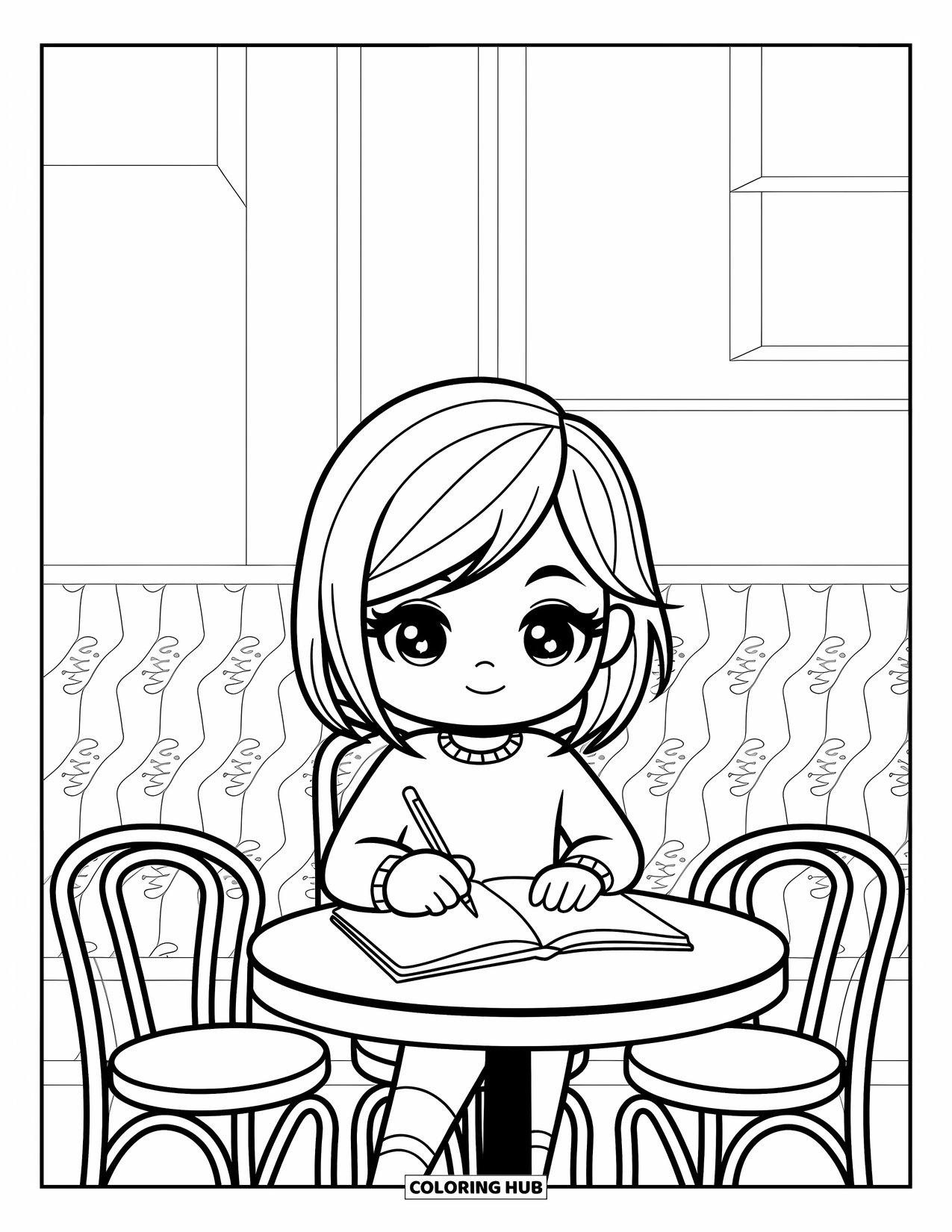 Chibi Coloring Page for Kids: A chibi girl writes thoughtfully in her notebook at a warm café