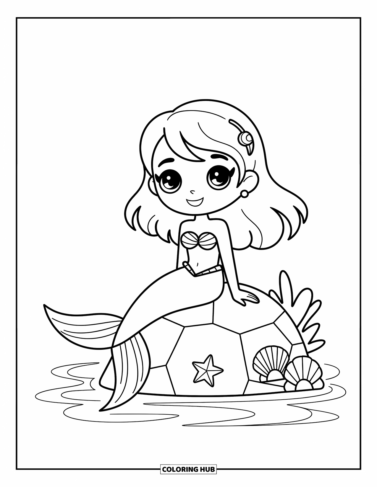 Chibi Coloring Page for Kids: A chibi mermaid smiles on a rock with seashells and starfish
