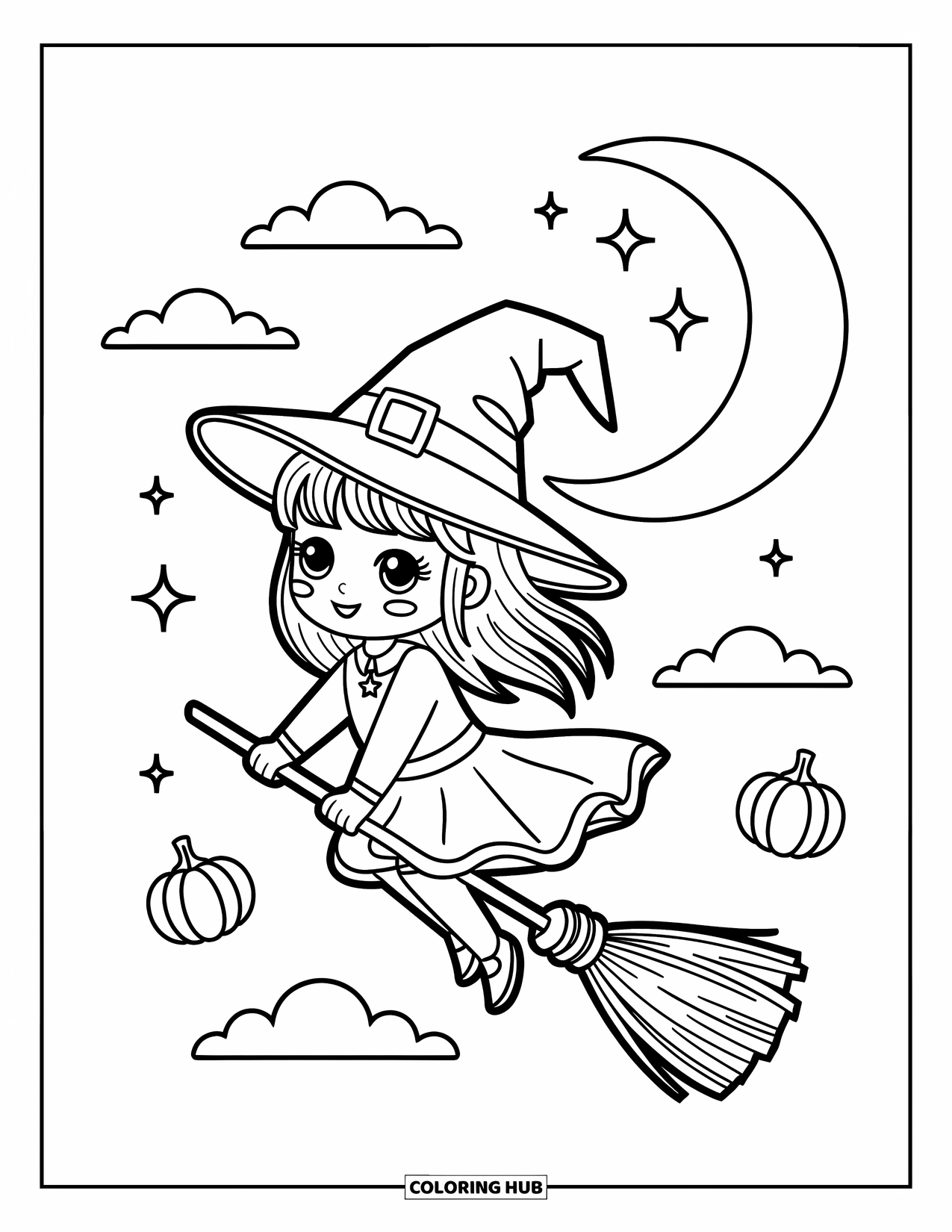 Chibi Coloring Page for Kids: A chibi witch soars on her broomstick with floating pumpkins and stars